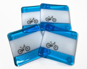 Blue Mountain bike coasters, Whimsical fused glass drink rest, bike enthusiast gifts, set of 4, bike decor, gifts for her