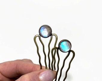 Blue iridescent hair barrettes real butterfly wing jewelry, gifts for her, sulkowskyi morpho butterfly, bronze hair clips