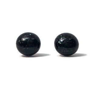 Handmade black dainty stud earrings, minimalist round studs, fused glass jewelry, artisan crafted friends gifts