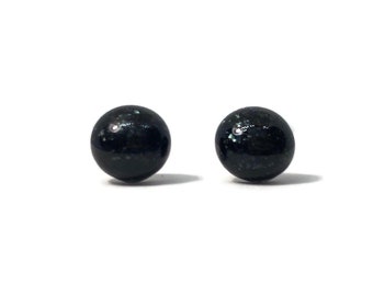 Handmade black dainty stud earrings, minimalist round studs, fused glass jewelry, artisan crafted friends gifts