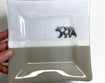 Whimsical Bear Design Fused Glass Plate, Ideal Gift for Her, Nature Inspired Serving Dish, Mountain Trinket Tray