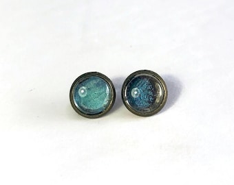 Blue stud earrings, glass bronze studs, genuine butterfly wing jewelry, blue Morpho butterfly, unique friends gifts, assorted sizes