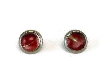 Red earrings, round glass studs, butterfly wing jewelry, recycled, unique gifts for her, insect jewelry, hypoallergenic