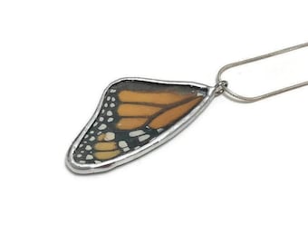 Monarch butterfly pendant, orange and black, glass necklace, Butterfly jewelry, insect jewelry, real butterfly wing, recycled butterfly wing
