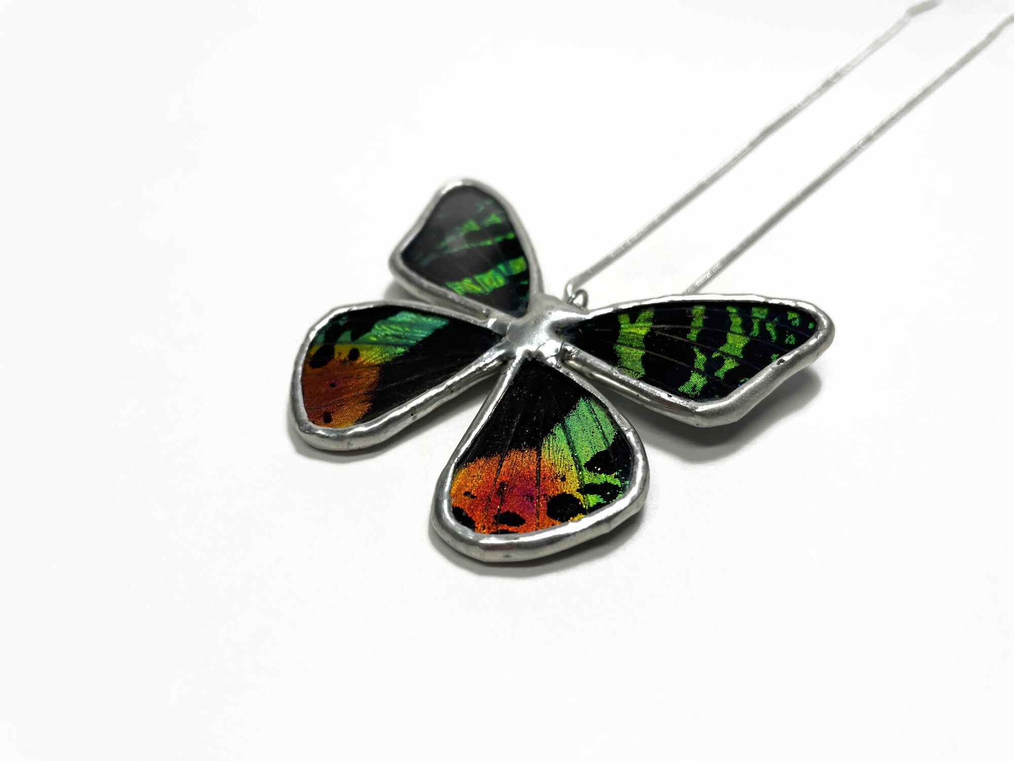 Pendant iridescent rainbow butterfly glass necklace sunset moth real moth wing insect jewelry stained glass wing