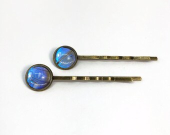Blue Nature Inspired Bobby Pins, Real Butterfly Wing Hair Barrettes, Artisan Made Gifts for Her, Bronze Hair Clips