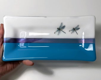 Dragonfly fused glass serving dish, blue plate, spoon rest, trinket tray, jewelry dish, gifts for her, nature housewarming presents
