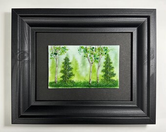 Birch tree fused glass art panel summer scenery picture, glass home decor, glass wall sculpture, three dimensional art