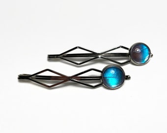 Blue iridescent barrettes, glass bobby pins, hair clips, real butterfly wing jewelry, gifts for her, aurora morpho, set of 2 unique presents