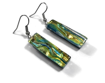 Rainbow fused glass earrings dichroic glass jewelry, gifts for mom, statement earrings, Iridescent dangle earrings, hypoallergenic