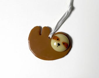 Sloth fused glass ornament, Christmas tree decoration, wildlife home decor, gifts for her, unique presents, sun catcher window hanging