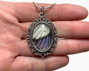Handcrafted iridescent purple white pendant, real butterfly wing jewelry, glass filigree necklace, best friend gifts