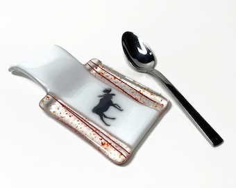 Handcrafted red moose spoon rest, fused glass dish, utensil holder, wildlife plate, unique gifts for her, kitchen decor