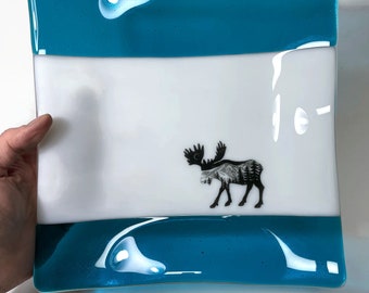 Handcrafted Moose Glass Plate, Blue Fused Serving Dish, Unique Gifts For Dad, Mountain Tray