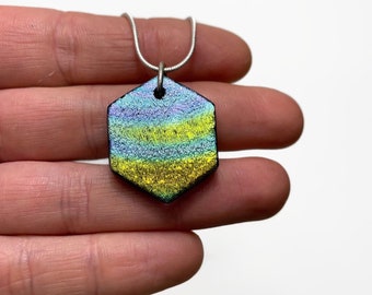 Iridescent hexagon pendant, geometric, dichroic fused glass jewelry, gifts for mom, chain included, unique presents