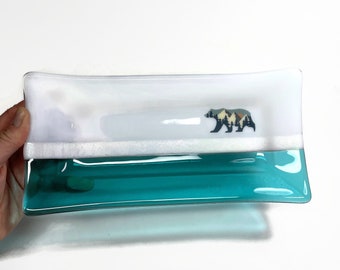 Mountain bear fused glass plate, teal green serving dish, trinket tray, unique gifts for him, wildlife home decor, housewarming presents