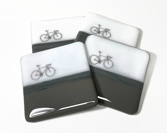 Road bike coasters, fused glass coasters, grey drink rest, gifts for her, set of 4, bike enthusiast presents, coffee table decor