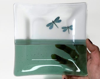 Dragonfly fused glass serving dish, green plate, spoon rest, trinket tray, jewelry dish, gifts for her, nature housewarming presents