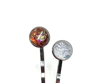 Handmade Reflective Glass Bobby Pins, Elegant and Unique Gifts for Her, Fused Dichroic Hair Jewelry, Barrette Clips