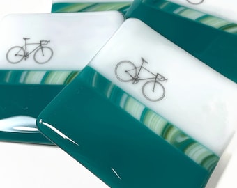 Road bike fused glass coasters, green drink rest, coffee table decor, unique presents, bike enthusiast gifts, housewarming present