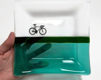 Whimsical road bike green plate, fused glass serving dish, outdoors home decor, artisan crafted gifts, trinket tray, housewarming presents