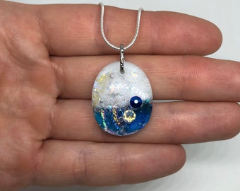 Rainbow Necklace, White, Blue, Dichroic Glass Pendant, Fused Glass Jewelry, Necklace Included