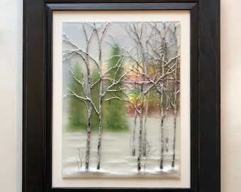Birch Tree Glass Panel, Winter Landscape Art for Her, Realistic Picture, Tree Wall Decor, Handmade Gift for Mom