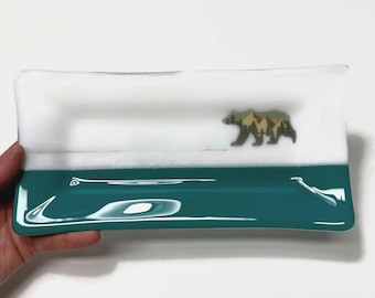 Handmade mountain bear fused glass plate, wildlife serving dish, trinket tray, unique gifts for her, nature home decor, green spoon rest