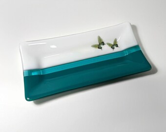 Butterfly fused glass plate, green serving dish, spoon rest, trinket tray, nature decor, unique gifts for her, housewarming presents