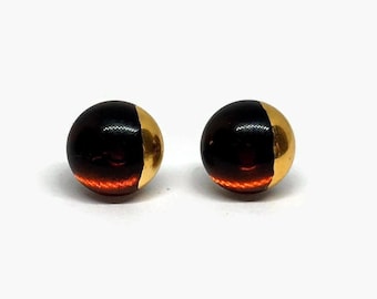 Handmade Amber Gold Dainty Stud Earrings, Fused Dichroic Glass Jewelry, Minimalist Earrings for Her, Artisan Crafted Gifts