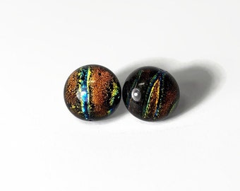 Copper iridescent earrings fused glass jewelry dichroic glass minimalist studs unique gifts for her round earrings hypoallergenic 11mm