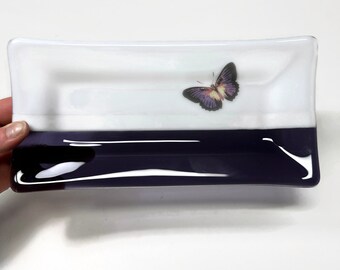 Handcrafted Butterfly Fused Glass Plate, Ideal Gift for Her, Nature Inspired Serving Dish, Purple Trinket Tray, Artisan Made Spoon Rest