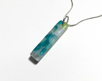 Green and white iridescent glass pendant fused glass jewelry, chain included