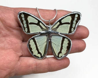 Green Butterfly necklace real butterfly wing jewelry unique best friend gifts recycled glass pendant chain included