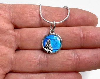 Blue morpho wing pendant, real butterfly jewelry, unique gifts for her, rhetenor butterfly, resin pendant, necklace included