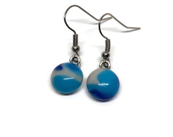 Dainty blue dangle earrings, Fused glass jewelry, handmade in Canada, earrings for her, unique gifts for mom hypoallergenic