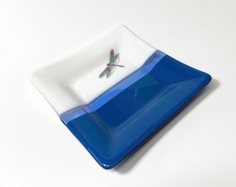 Dragonfly plate, fused glass blue serving dish, trinket tray, spoon rest, nature decor, unique gifts for her, housewarming presents