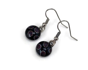 Fused dichroic burgundy and black earrings, glass jewelry, dangle earrings, gifts for her, hypoallergenic, unique presents