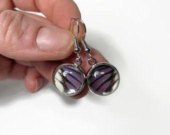 Purple and white earrings real butterfly wing jewelry gifts for her glass dangle earrings hypoallergenic unique presents