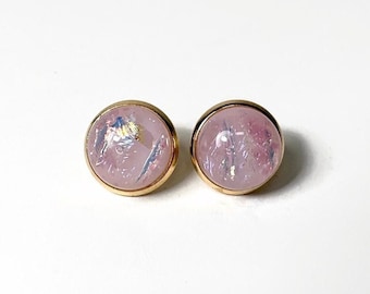 Pink iridescent fused glass earrings dichroic glass jewelry round stud earrings unique gifts for her hypoallergenic