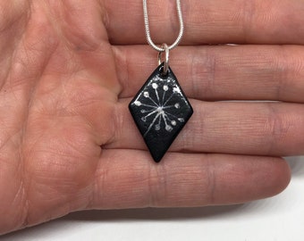 Geometric pendant silver and black fused glass jewelry dichroic glass dandelion wish necklace Dandelion wish friends gifts chain included