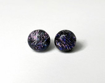 Sparkle Iridescent dichroic glass stud earrings, fused jewelry, best friend gifts, 7mm minimalist round earrings, hypoallergenic