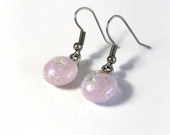 Fused glass iridescent pink earrings, dichroic glass jewelry, unique gifts for her, hypoallergenic earrings