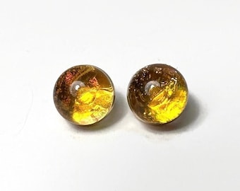 Amber Iridescent Dichroic Glass Stud Earrings, Handmade Fused Glass Jewelry