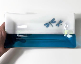 Dragonfly fused glass serving dish, blue plate, spoon rest, trinket tray, jewelry dish, gifts for her, nature housewarming presents