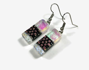 Dichroic glass iridescent dangle earrings Fused glass jewelry white and black, hypoallergenic