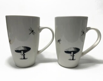 Mushroom coffee mug dragonfly cup, Black, white, whimsical mug, tea mug, nature home decor, set of 2