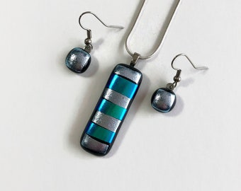 Silver necklace Green fused glass jewelry, dichroic glass pendant and earring set, necklace included