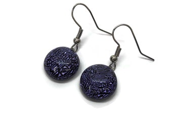 Purple dichroic glass dangle earrings, fused glass jewelry, hypoallergenic