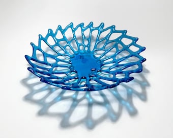 blue bowl fused glass coral bowl gifts for her, glass dish, serving bowl, glass sculpture, textured dish